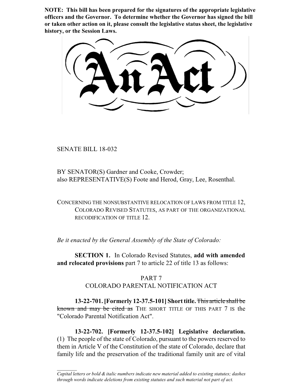 Senate Bill 18-032 by Senator(S)