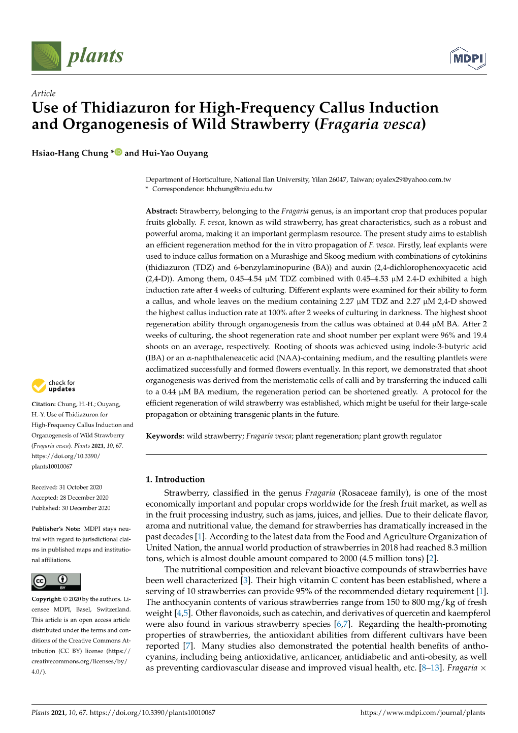 Use of Thidiazuron for High-Frequency Callus Induction and Organogenesis of Wild Strawberry (Fragaria Vesca)