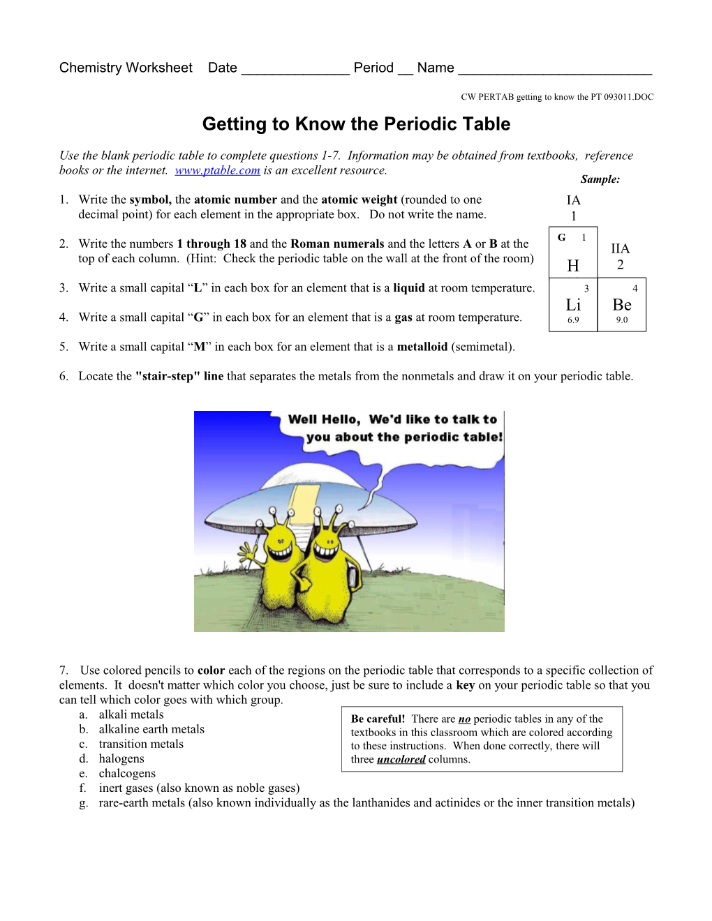 Chemistry Worksheet Date ______ Period Name ______