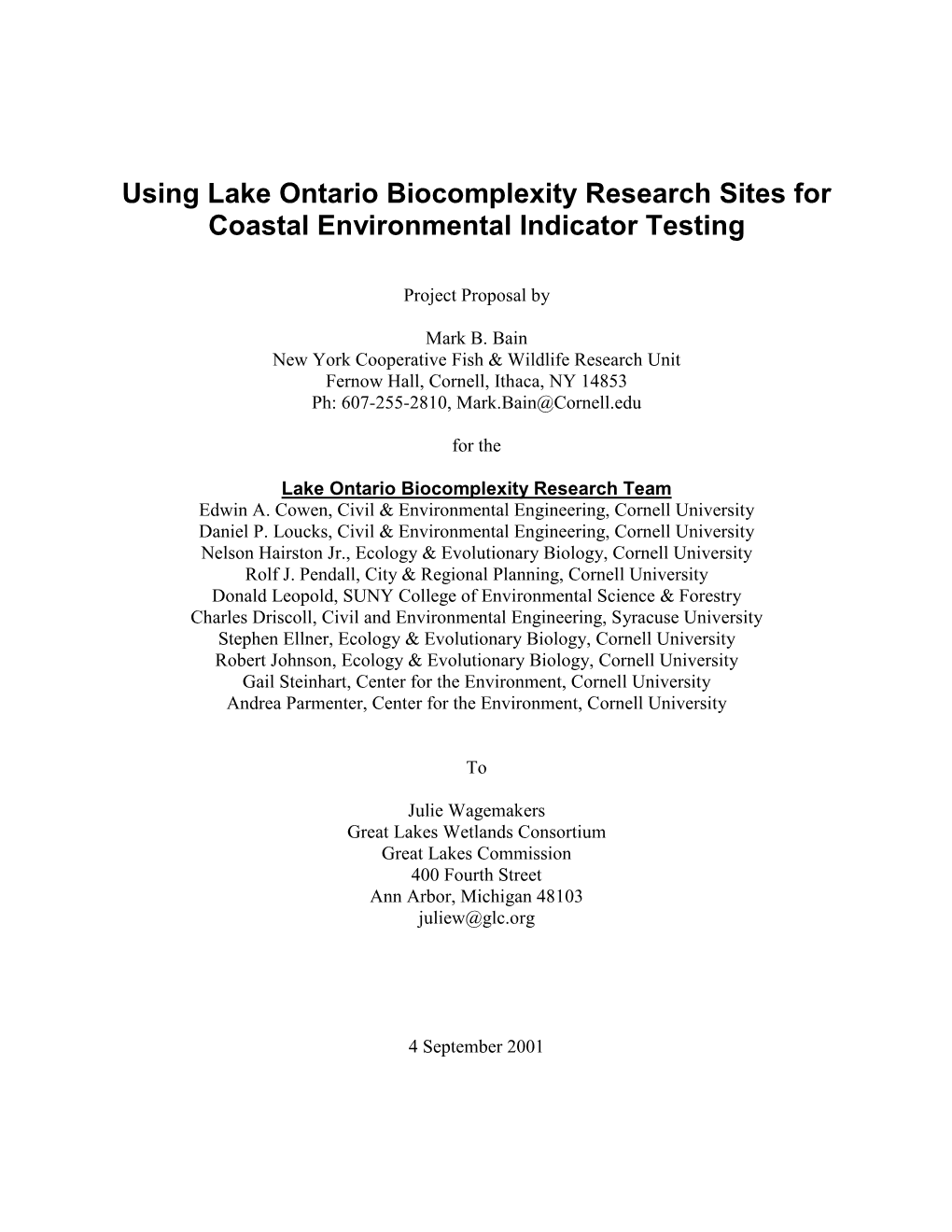 Using Lake Ontario Biocomplexity Research Sites for Coastal Environmental Indicator Testing