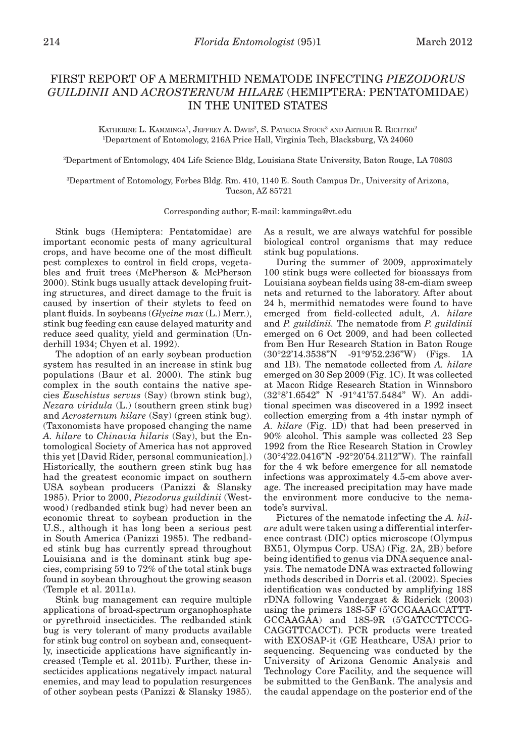 First Report of a Mermithid Nematode Infecting Piezodorus Guildinii and Acrosternum Hilare (Hemiptera: Pentatomidae) in the United States