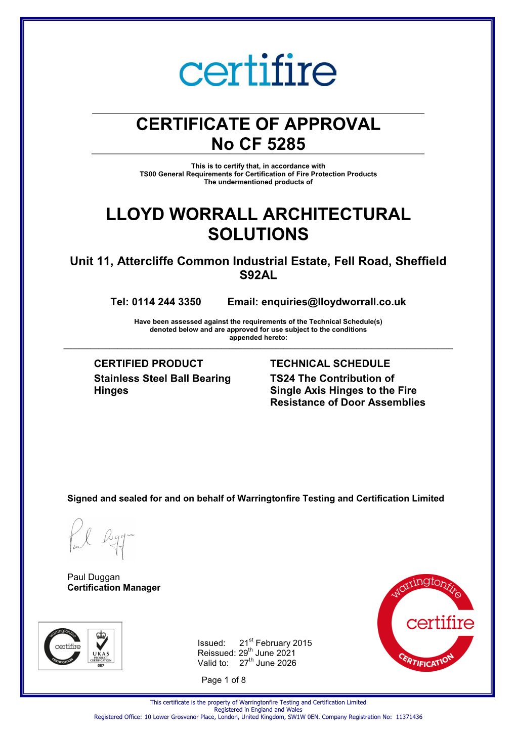 CERTIFICATE of APPROVAL No CF 5285 LLOYD WORRALL