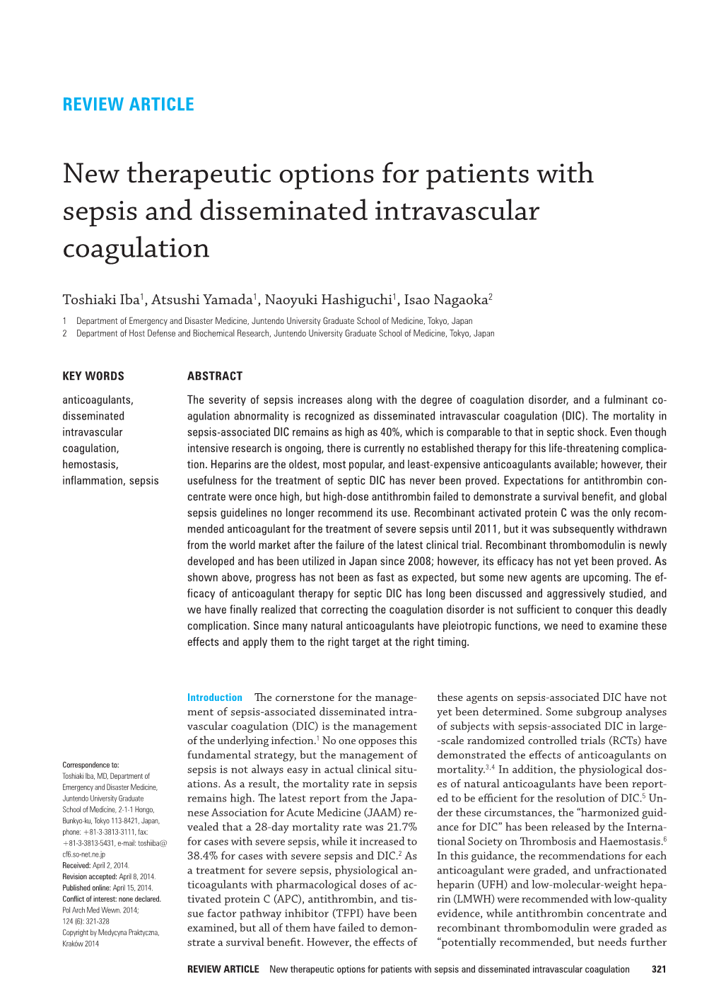 New Therapeutic Options for Patients with Sepsis and Disseminated Intravascular Coagulation