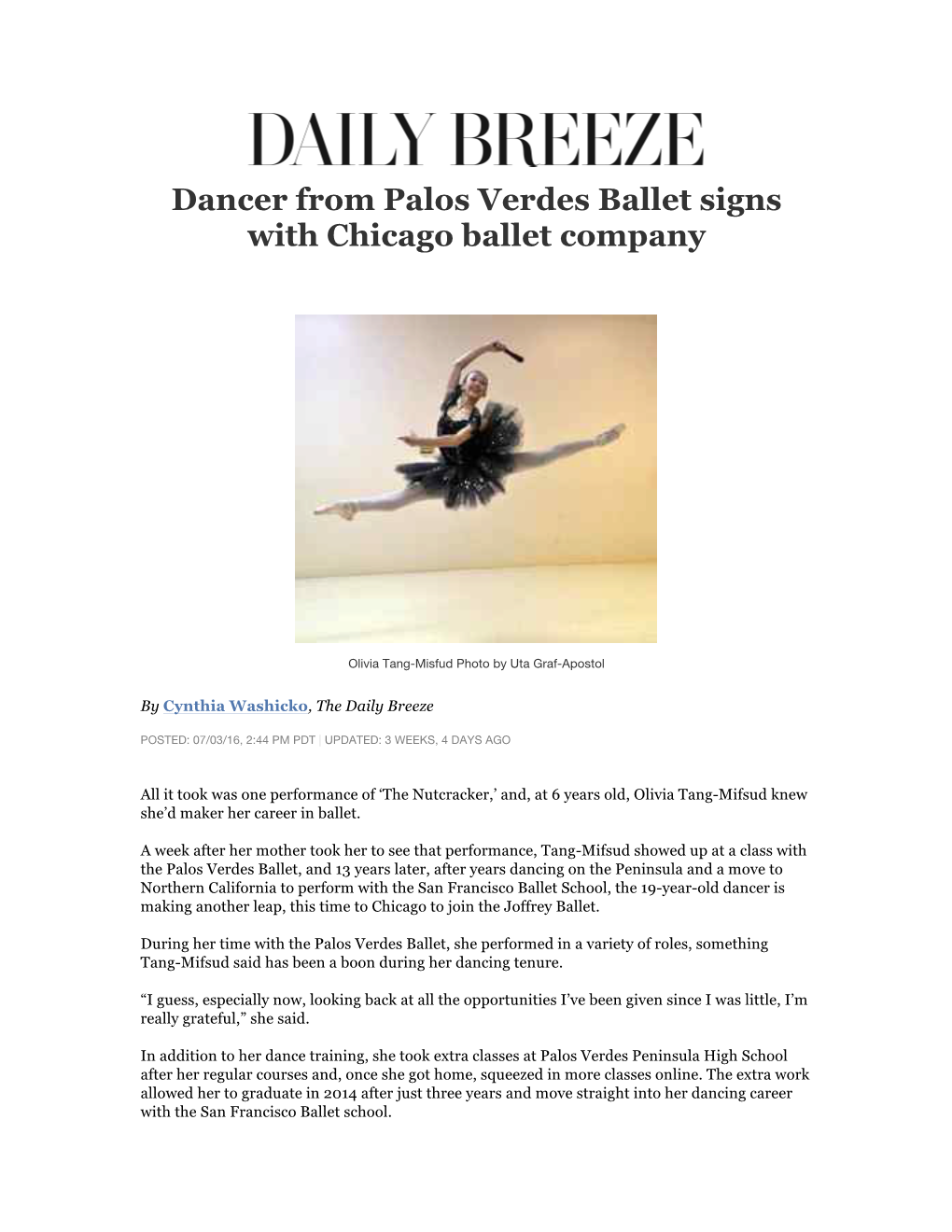 Dancer from Palos Verdes Ballet Signs with Chicago Ballet Company