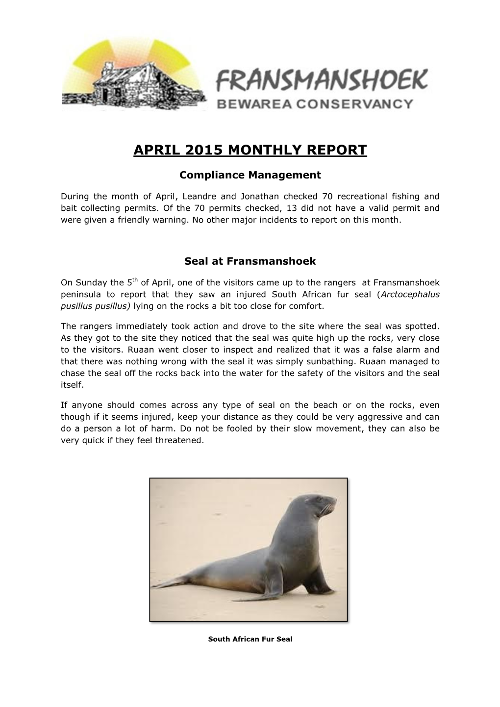 April 2015 Monthly Report
