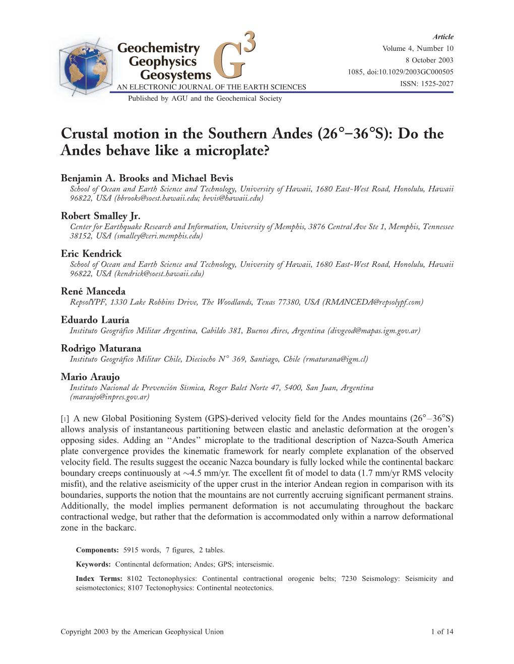 Crustal Motion in the Southern Andes (26°–36°S): Do the Andes Behave Like a Microplate?