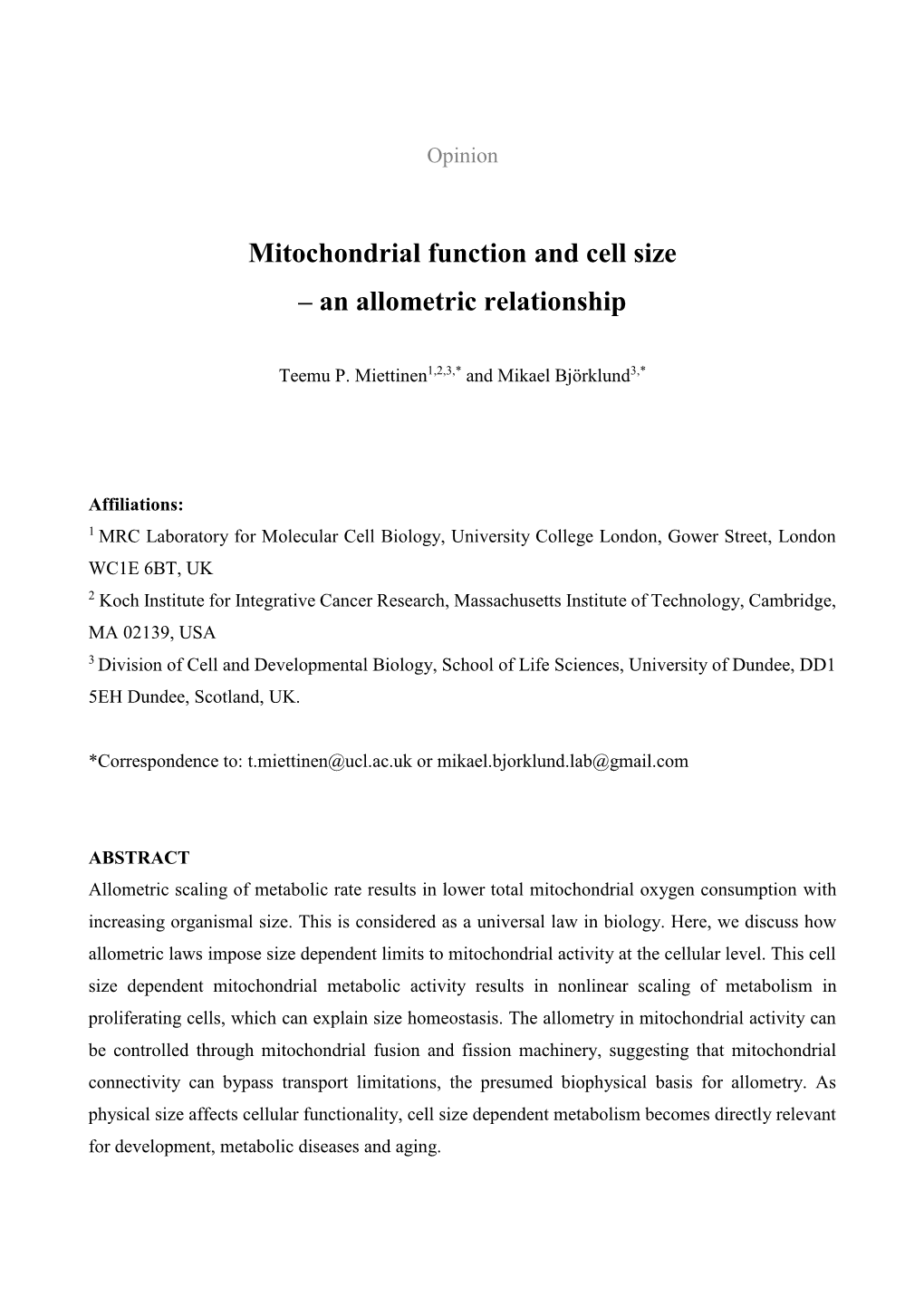 Mitochondrial Function and Cell Size – an Allometric Relationship
