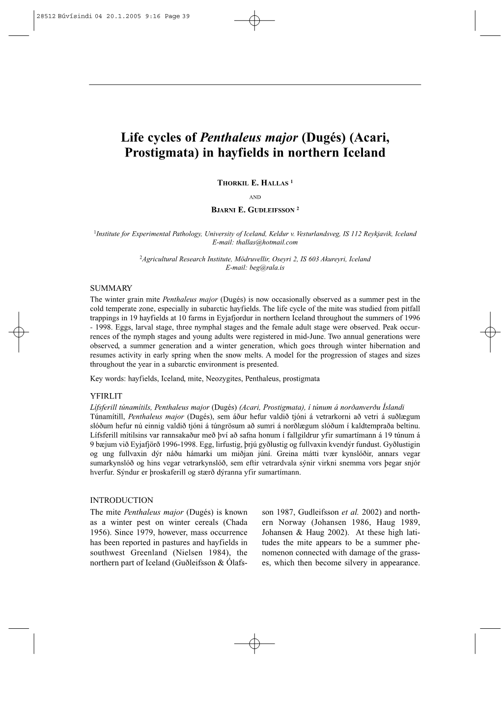 Life Cycles of Penthaleus Major (Dugés) (Acari, Prostigmata) in Hayfields in Northern Iceland