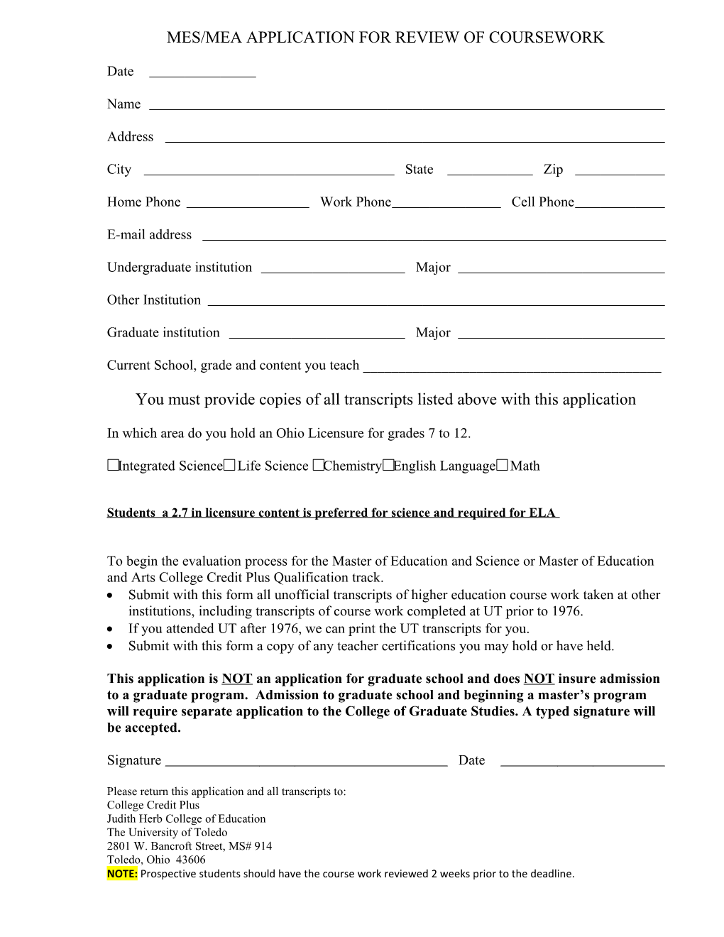 Masters Program Application for Review of Coursework s1