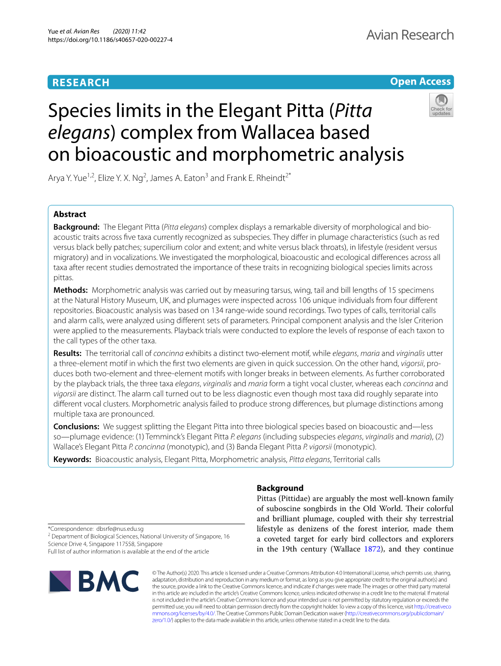 Species Limits in the Elegant Pitta (Pitta Elegans) Complex from Wallacea Based on Bioacoustic and Morphometric Analysis Arya Y