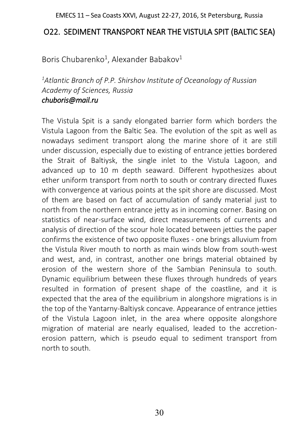 30 O22. Sediment Transport Near the Vistula Spit (Baltic