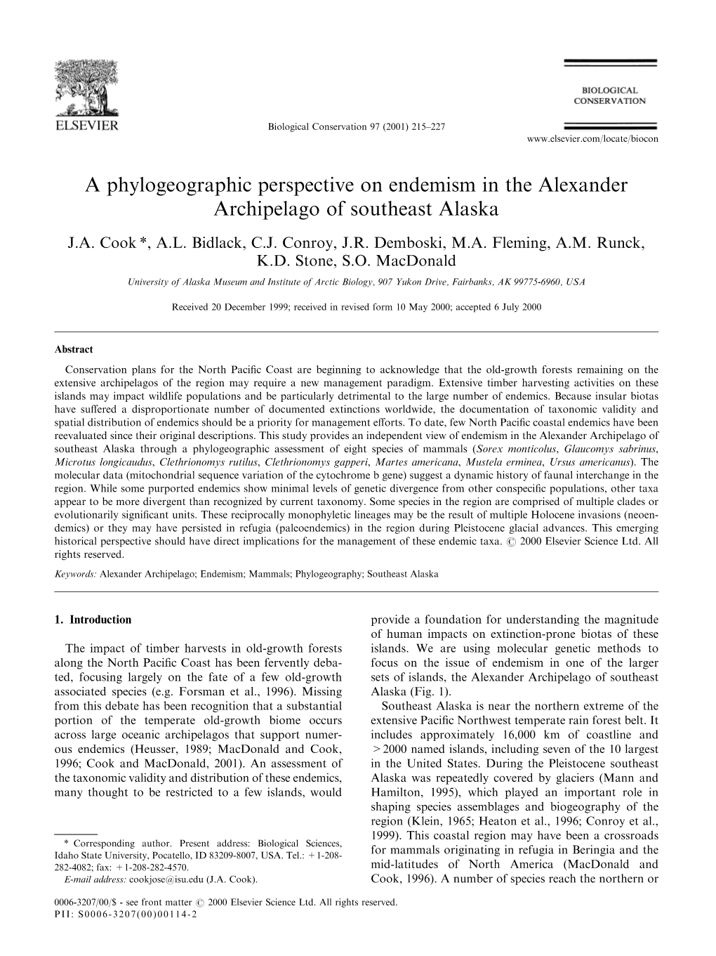 A Phylogeographic Perspective on Endemism in the Alexander Archipelago of Southeast Alaska