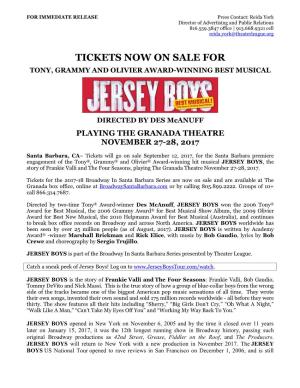 JERSEY BOYS, the Story of Frankie Valli and the Four Seasons, Playing the Granada Theatre November 27-28, 2017
