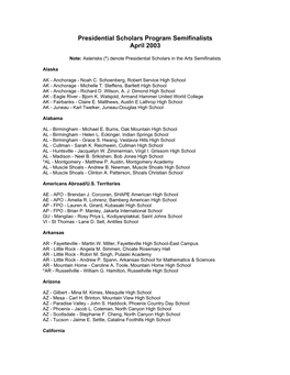 Presidential Scholars Program Semifinalists, April 2003 (PDF)