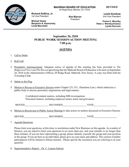 September 26, 2018 PUBLIC WORK SESSION/ACTION MEETING 7:00 P.M