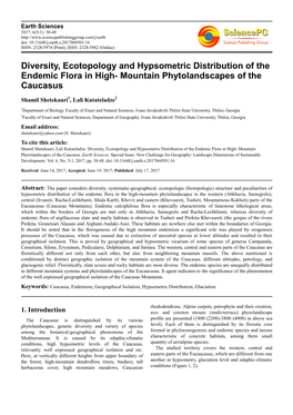 Diversity, Ecotopology and Hypsometric Distribution of the Endemic Flora in High- Mountain Phytolandscapes of the Caucasus