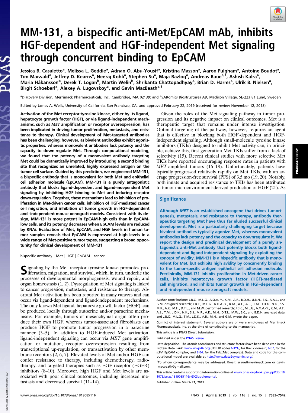 MM-131, a Bispecific Anti-Met/Epcam Mab, Inhibits HGF-Dependent and HGF-Independent Met Signaling Through Concurrent Binding to Epcam