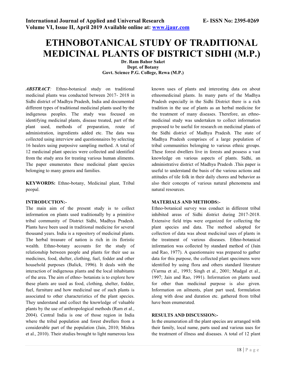 Ethnobotanical Study of Traditional Medicinal Plants of District Sidhi (Mp)