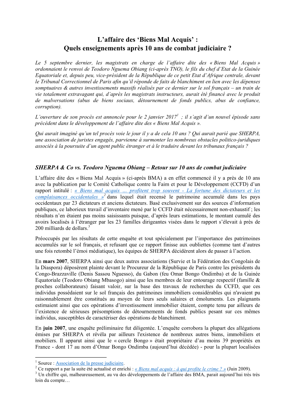 L'affaire Des 'Biens Mal Acquis' : Quels Enseignements Après 10 Ans De