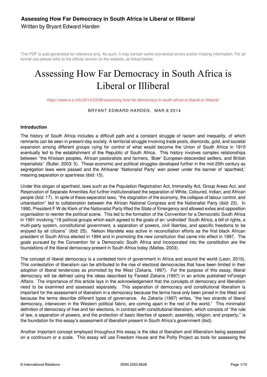 Assessing How Far Democracy in South Africa Is Liberal Or Illiberal Written by Bryant Edward Harden