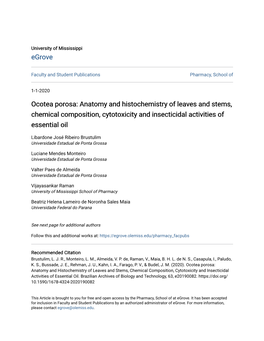 Ocotea Porosa: Anatomy and Histochemistry of Leaves and Stems, Chemical Composition, Cytotoxicity and Insecticidal Activities of Essential Oil