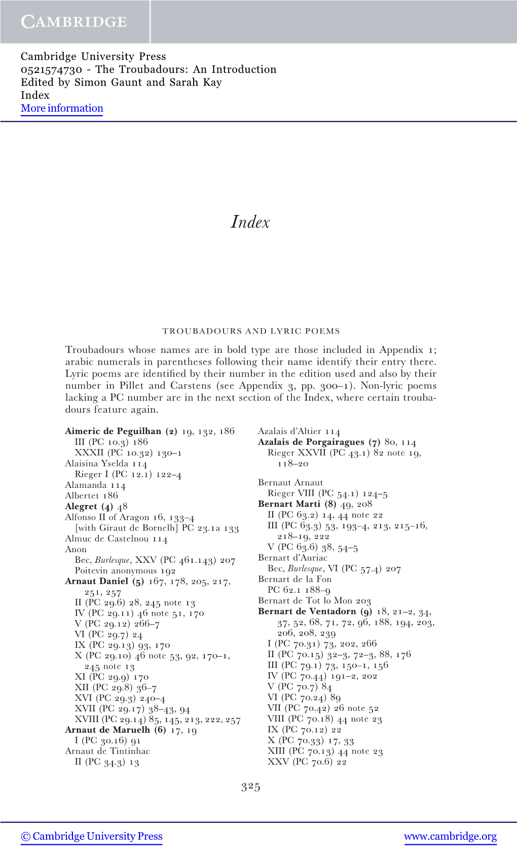 Troubadours Whose Names Are in Bold Type Are Those Included in Appendix 1; Arabic Numerals in Parentheses Following Their Name Identify Their Entry There