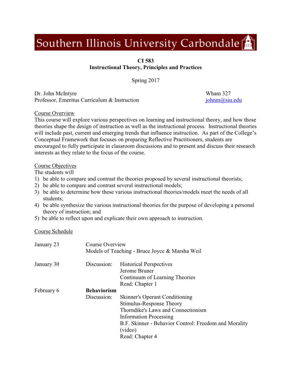 CI 583 Instructional Theory, Principles and Practices