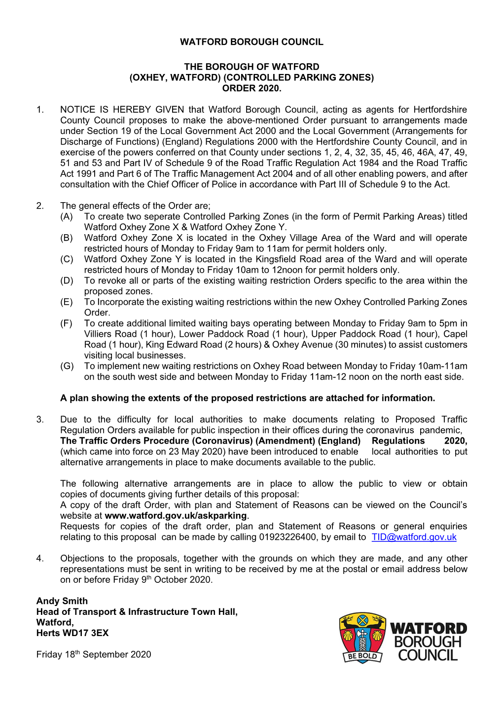 (Oxhey, Watford) (Controlled Parking Zones) Order 2020. 1