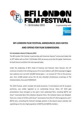 Bfi London Film Festival Announces 2015 Dates and Opens for Film Submissions