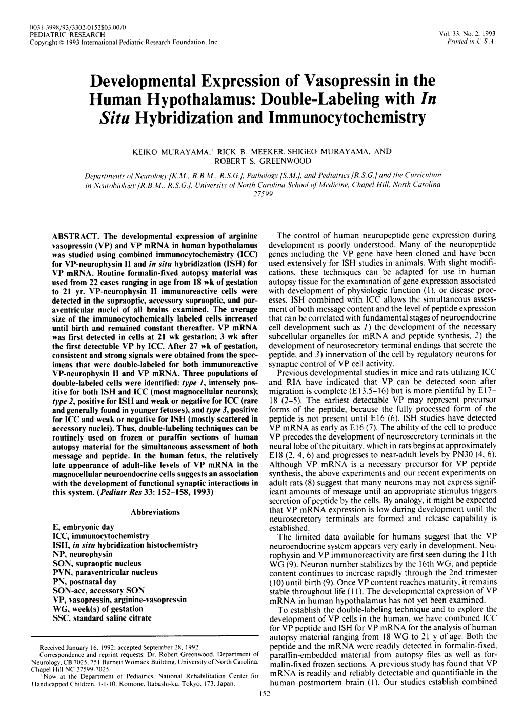 Developmental Expression of Vasopressin in the Human Hypothalamus: Double-Labeling with in Situ Hybridization and Immunocytochemistry