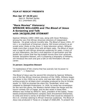 "Race Movies" Visionary: SPENCER WILLIAMS and the Blood of Jesus a Screening and Talk with JACQUELINE STEWART