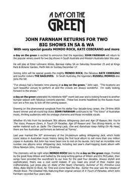 John Farnham Returns for Two Big Shows in Sa & Wa