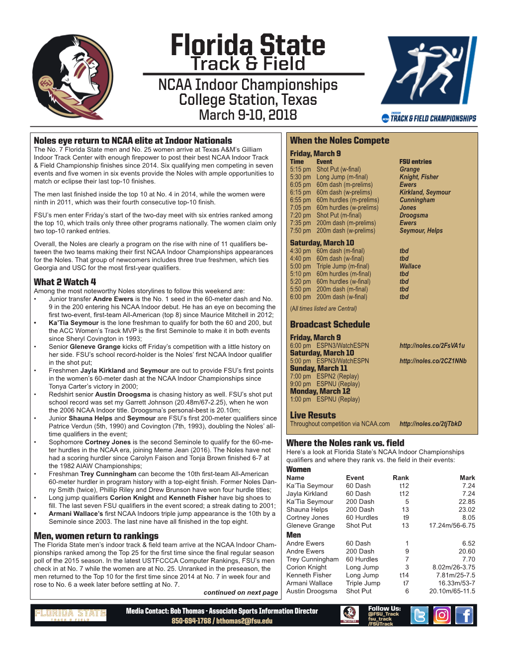 Florida State Track & Field NCAA Indoor Championships College Station, Texas March 9-10, 2018