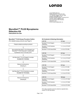 Mycoalert™ PLUS Mycoplasma Detection Kit Instructions for Use
