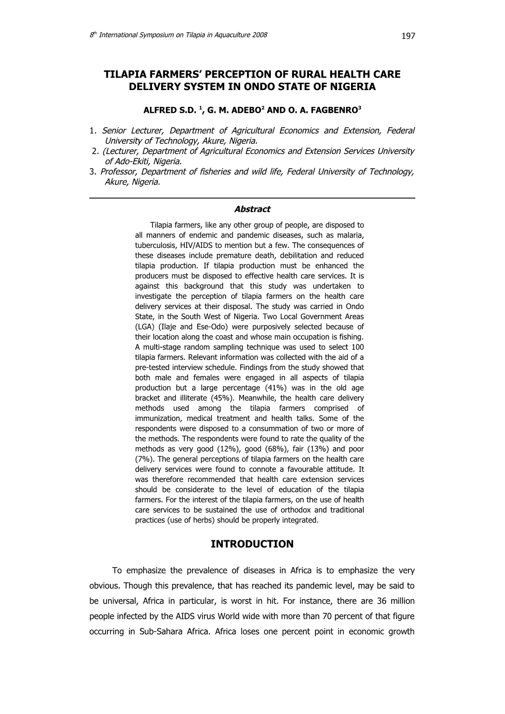 Tilapia Farmers Perception of Ruralhealth Care Delivery System in Ondo State of Nigeria