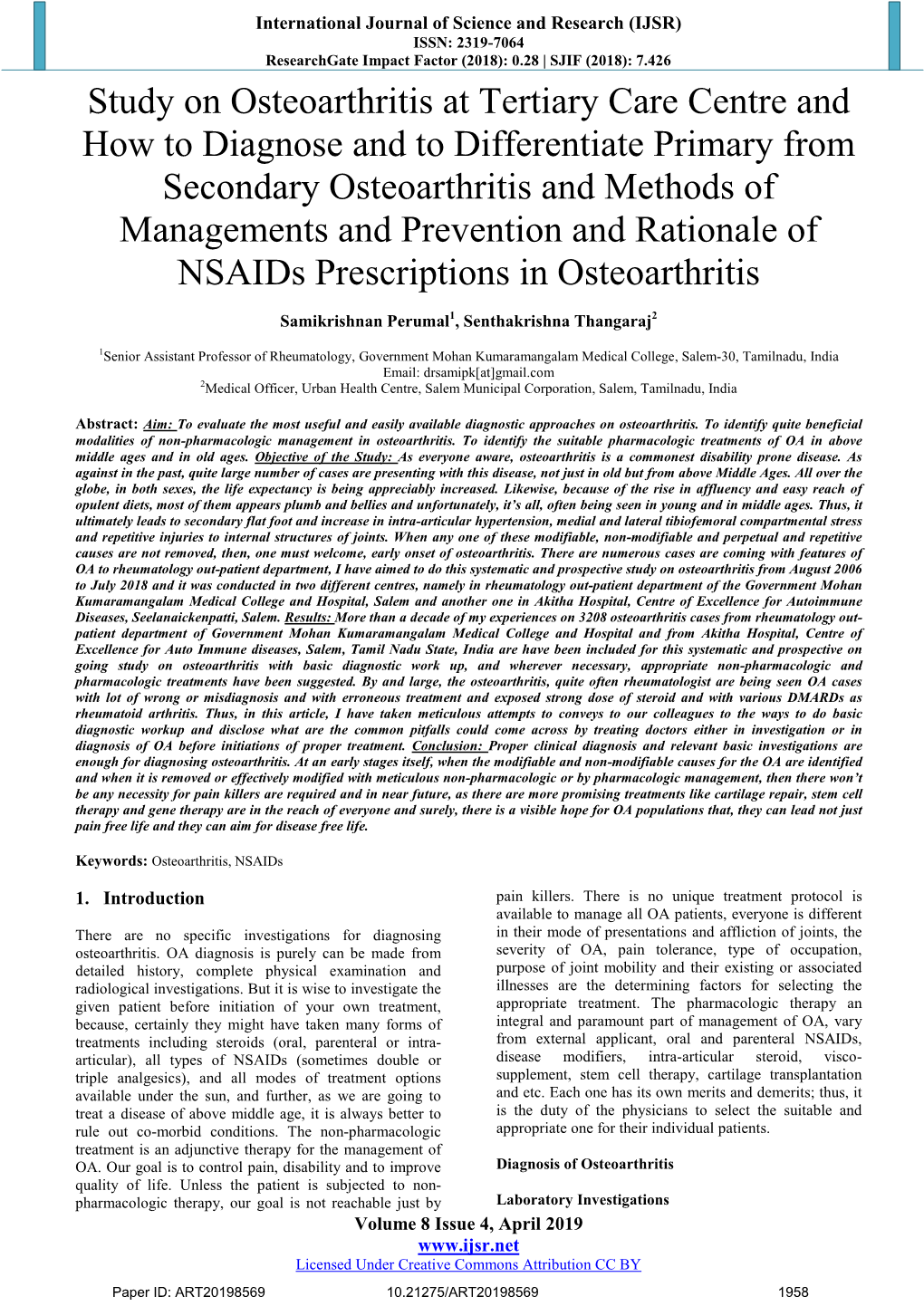 Study on Osteoarthritis at Tertiary Care Centre and How to Diagnose