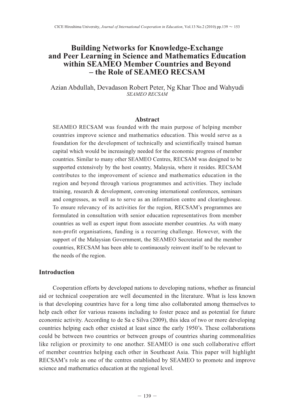 Building Networks for Knowledge-Exchange and Peer Learning in Science and Mathematics Education Within SEAMEO Member Countries and Beyond – the Role of SEAMEO RECSAM