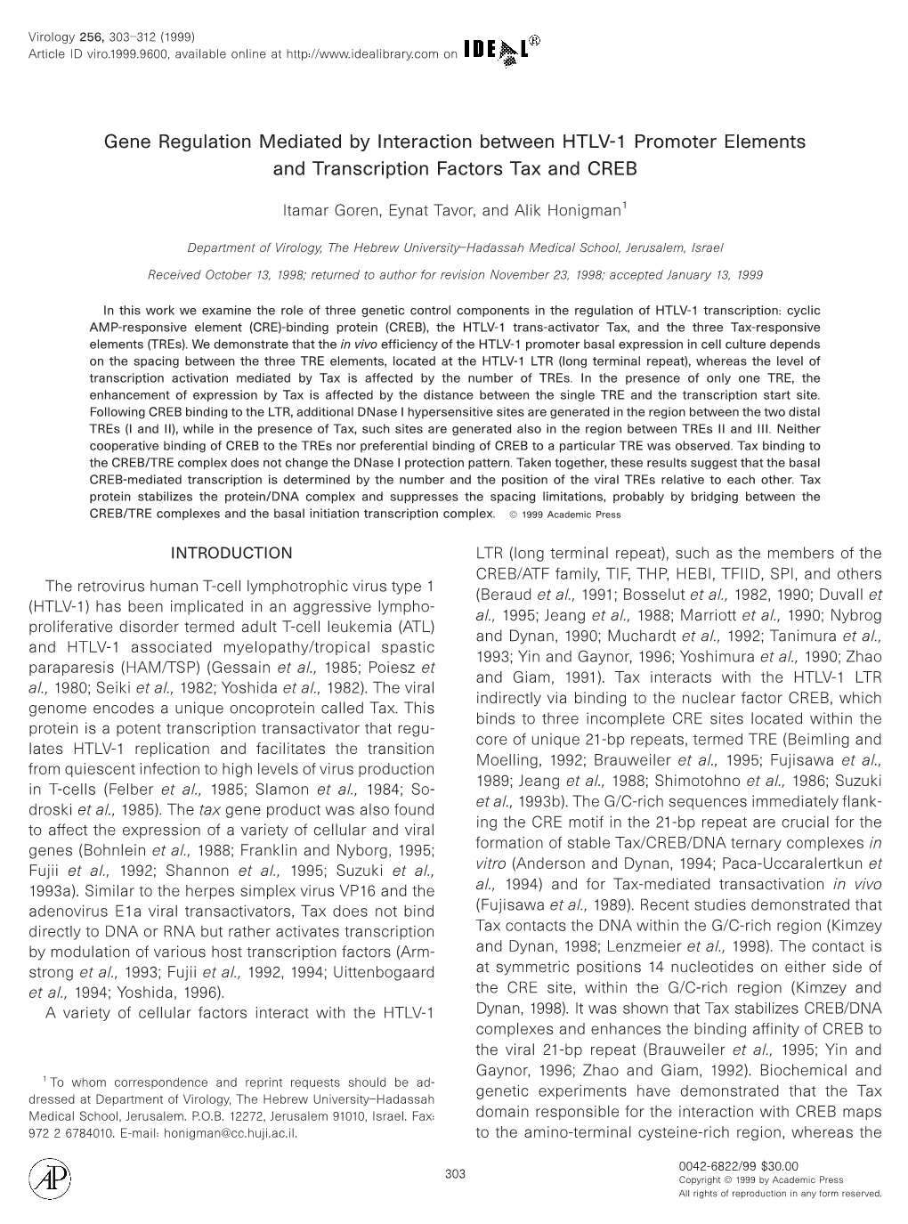 Gene Regulation Mediated by Interaction Between HTLV-1 Promoter Elements and Transcription Factors Tax and CREB