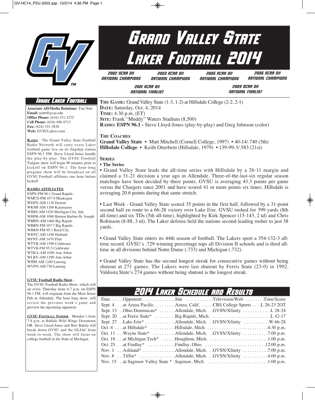 Grand Valley State Laker Football 2014