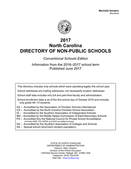 2017 North Carolina DIRECTORY of NON-PUBLIC SCHOOLS