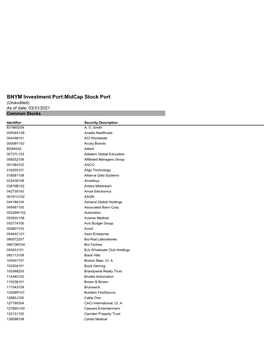 BNYM Investment Port:Midcap Stock Port (Unaudited) As of Date: 03/31/2021 Common Stocks