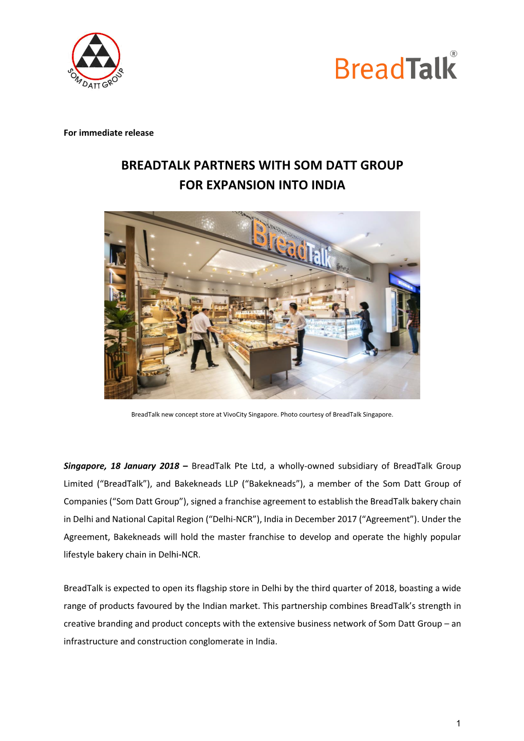 Breadtalk Partners with Som Datt Group for Expansion Into India