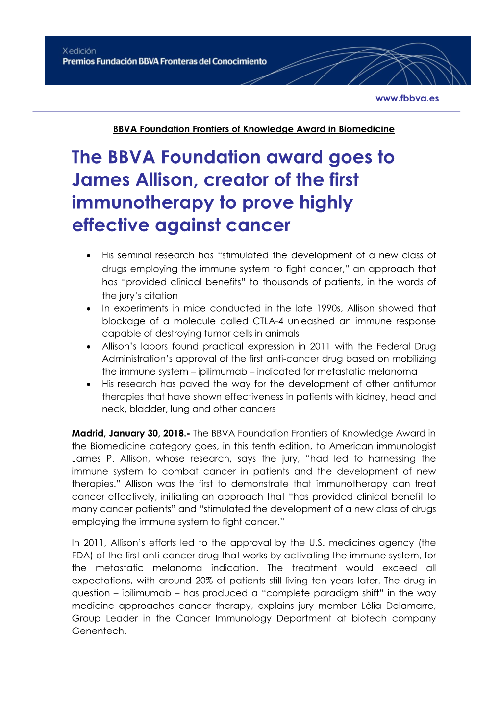 The BBVA Foundation Award Goes to James Allison, Creator of the First Immunotherapy to Prove Highly Effective Against Cancer