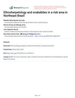Ethnoherpetology and Snakebites in a Risk Area in Northeast Brazil