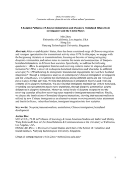 Changing Patterns of Chinese Immigration and Diaspora-Homeland Interactions in Singapore and the United States