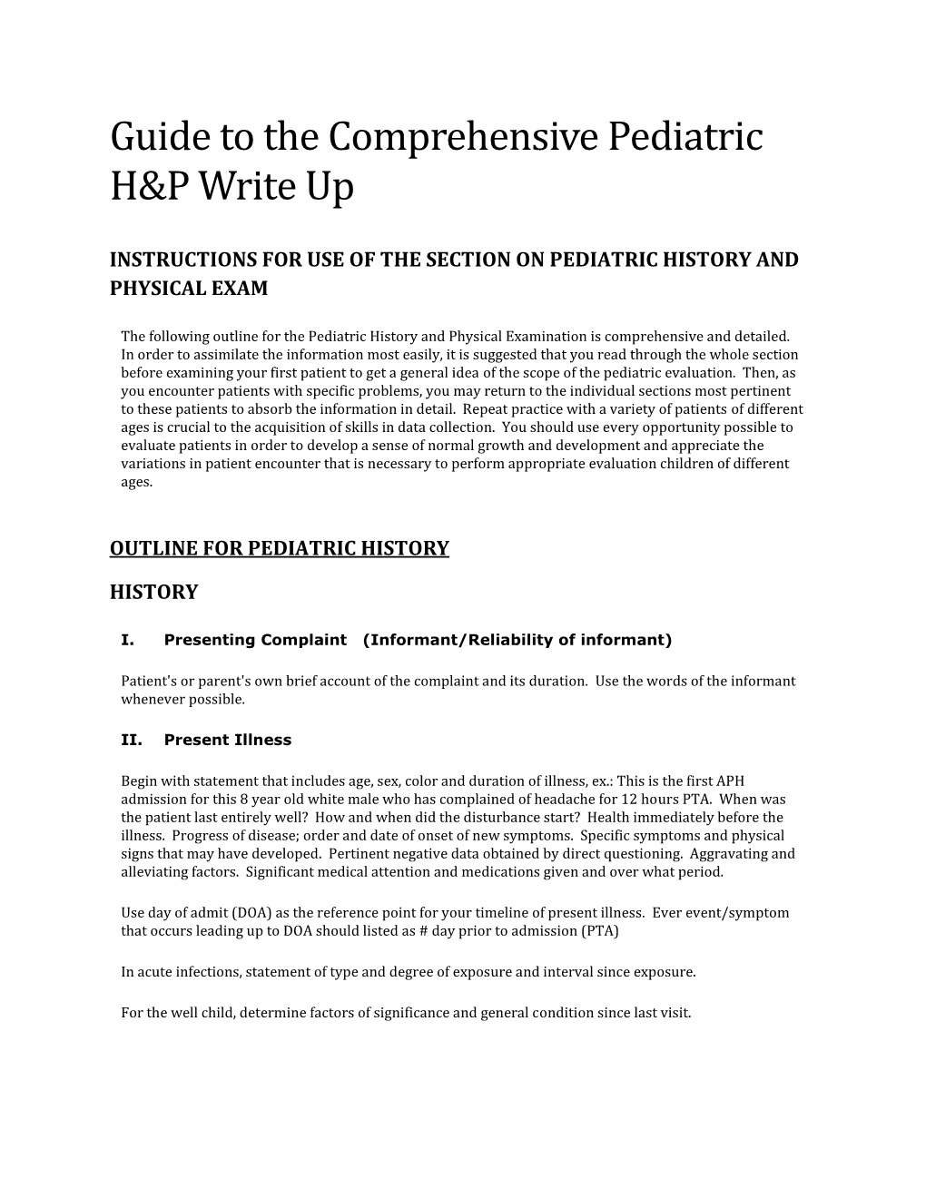 Guide to the Comprehensive Pediatric H&P Write Up