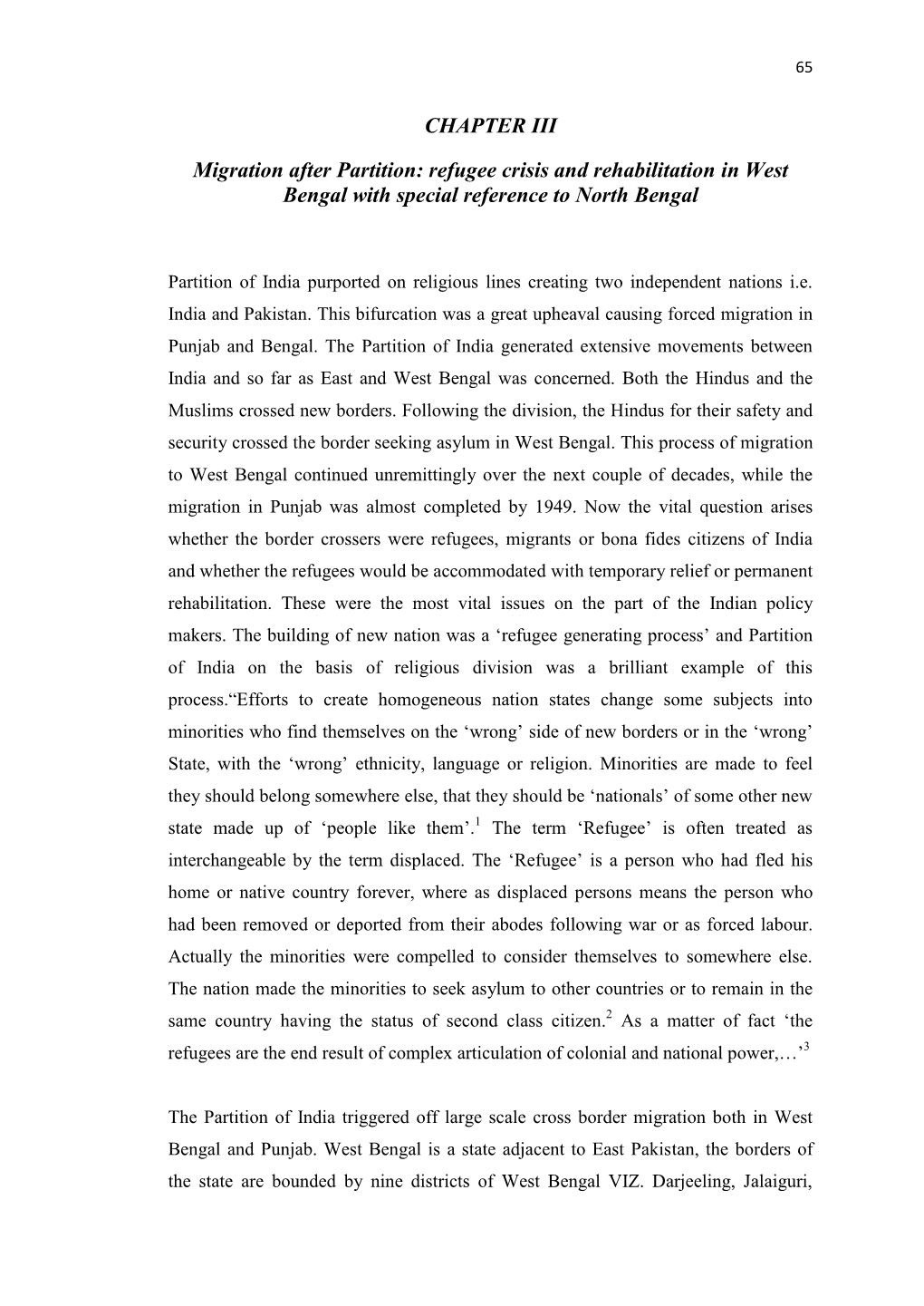 CHAPTER III Migration After Partition: Refugee Crisis and Rehabilitation in West Bengal with Special Reference to North Bengal