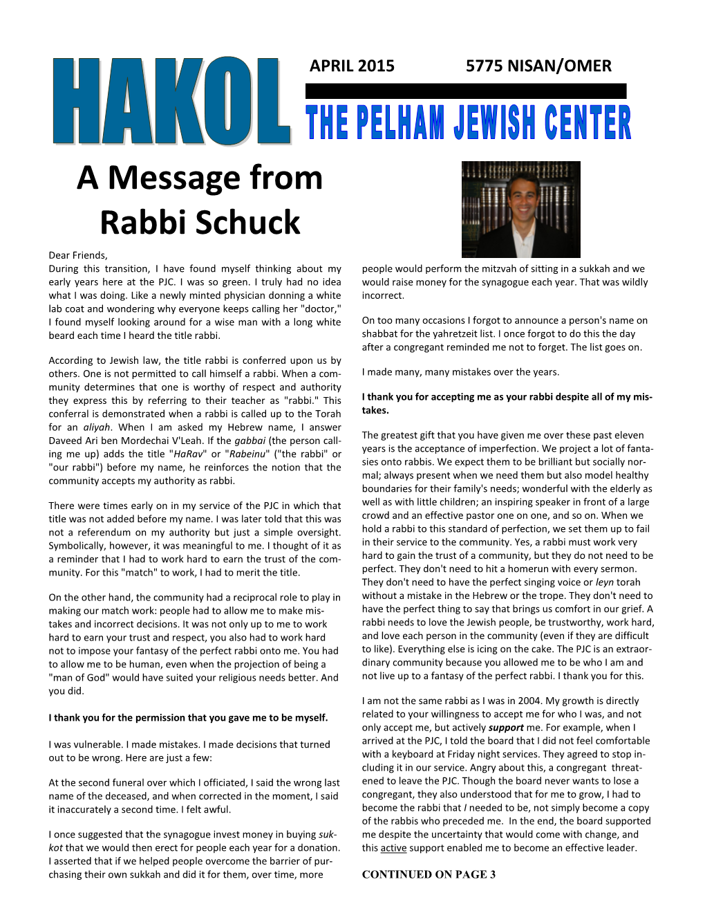 A Message from Rabbi Schuck