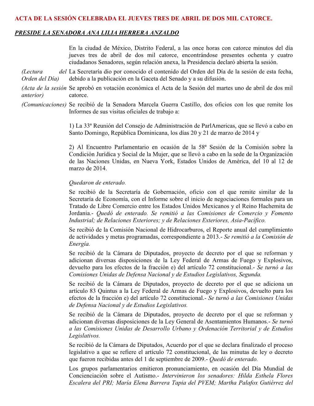 Acta De La Sesión Celebrada El Jueves Tres De Abril De Dos Mil Catorce