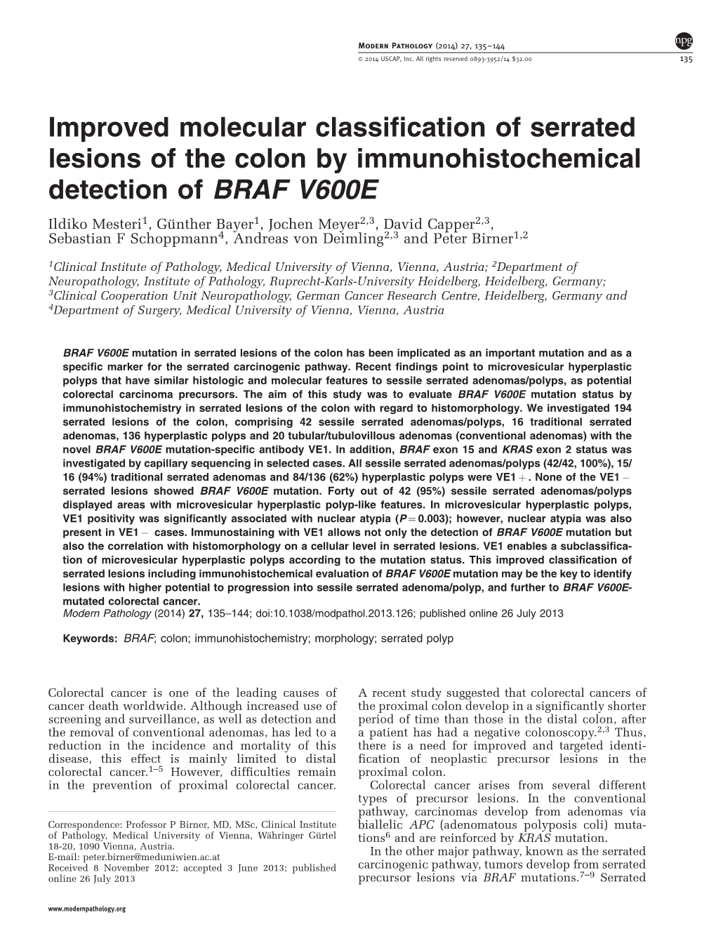 Improved Molecular Classification of Serrated Lesions of the Colon By